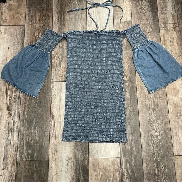 ASOS Denim Bandage Mini Dress with Halter Strap and Attached Bell Sleeve Size 8 - Picture 10 of 15